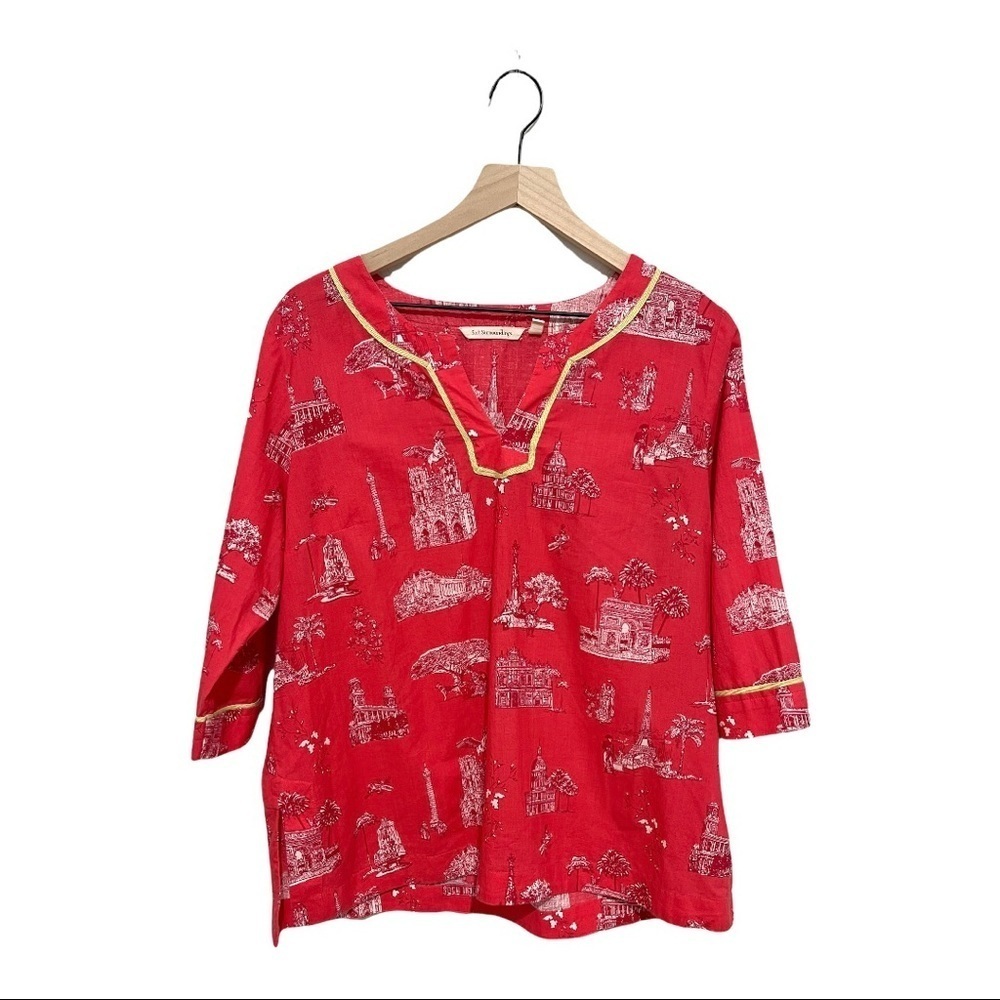 Soft Surroundings Red Scenic Print Cotton Tunic Top PM 100% Cotton Casual Blouse